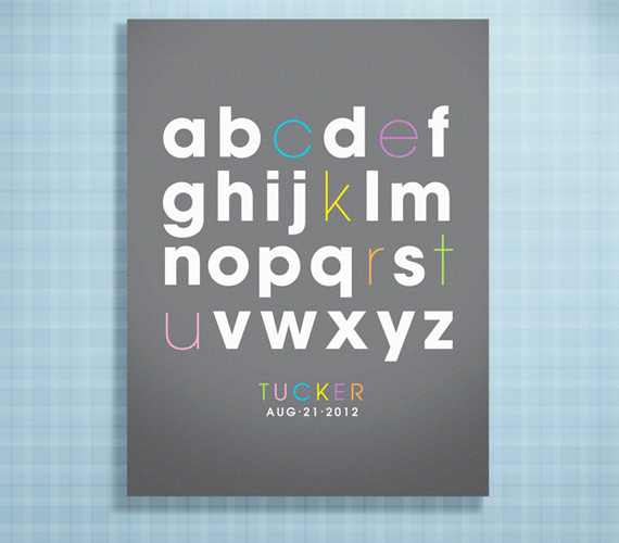 Personalized Abc Typography Name Baby Birth Announcement Alphabet (grey Or Gray) 8x10 Nursery Art Print